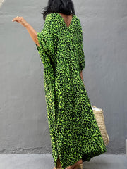 Leopard Print V Neck Split Thigh Kaftan Batwing Half Sleeve Kimono Cover Up