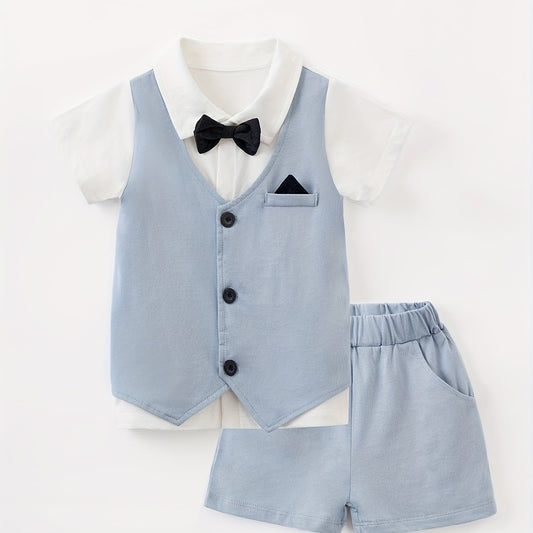 Baby Gentleman Style Cotton Suit Set Bow Tie Shirt & Shorts