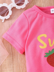 2pcs Girls Strawberry Graphic T Shirt Top & Glitter Tape Mesh Skirt Set