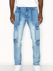 Mens Slim Fit Cargo Jeans Distressed Medium Stretch Denim Pants