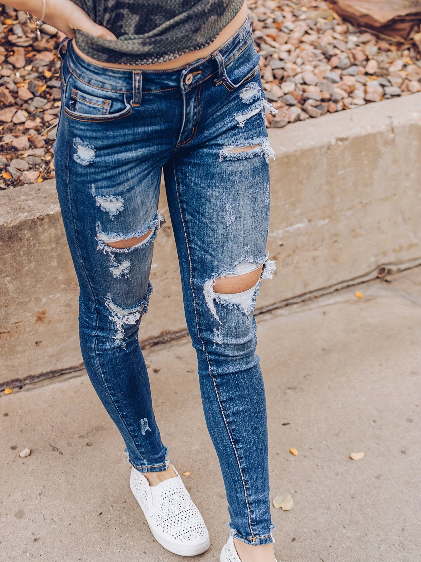 Retro Jeans Women's Plus Button Fly Cut Out Ripped High Stretch