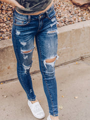 Retro Jeans Women's Plus Button Fly Cut Out Ripped High Stretch