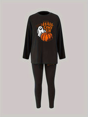 Halloween Pajama Set Ghost Pumpkin Art Letter Print Tee Leggings