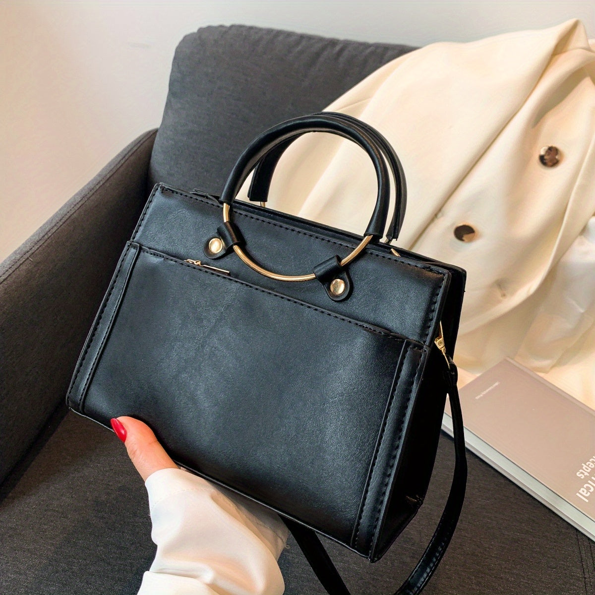 Round Handle Satchel Crossbody Tote Bag PU Leather Textured Shoulder Bag