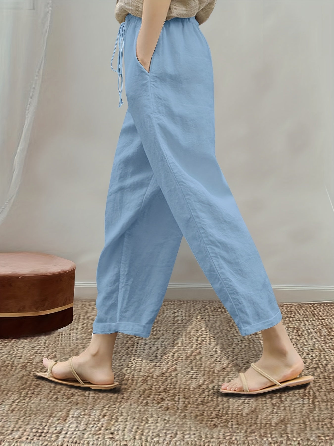 Solid Drawstring Straight Leg Pants Casual Dual Pockets Pants