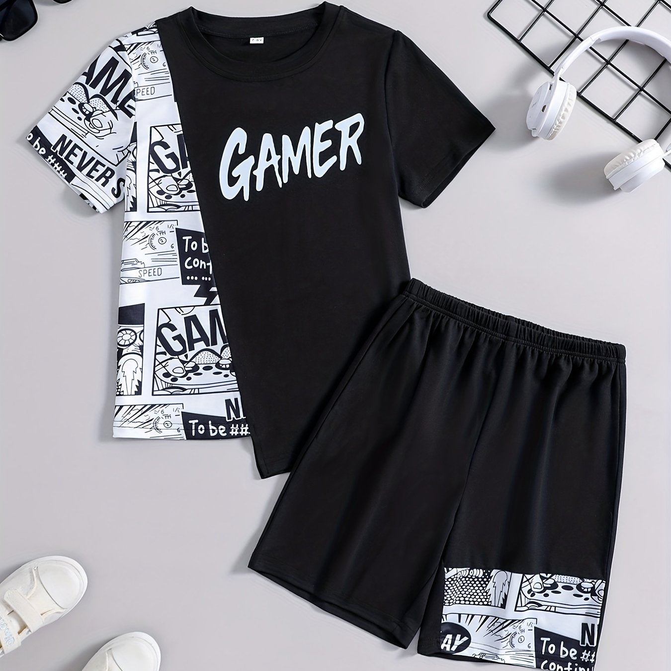 Boys Summer Casual Letter Spliced Outfit Short Sleeve Top & Shorts Set