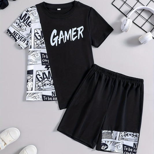 Boys Summer Casual Letter Spliced Outfit Short Sleeve Top & Shorts Set
