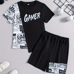 Boys Summer Casual Letter Spliced Outfit Short Sleeve Top & Shorts Set