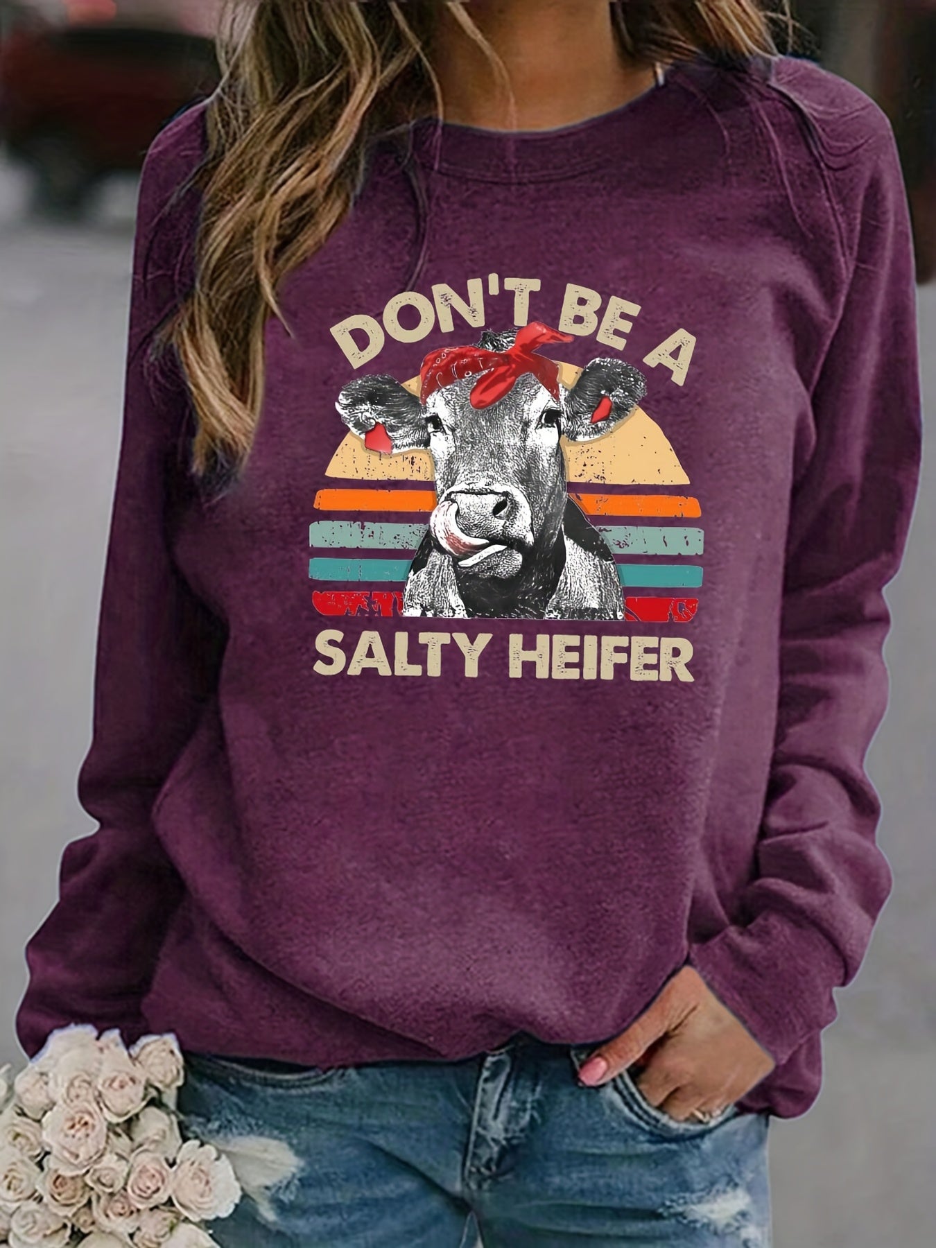 Salty Heifer Cow Print Sweatshirt Long Sleeve Crew Neck Casual Women's Clothing