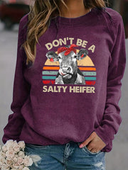 Salty Heifer Cow Print Sweatshirt Long Sleeve Crew Neck Casual Women's Clothing