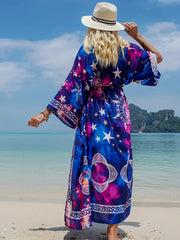 Star Galaxy Print Tie Belt Cover Up Kaftan Loose Fit Casual Vacation Style Dress