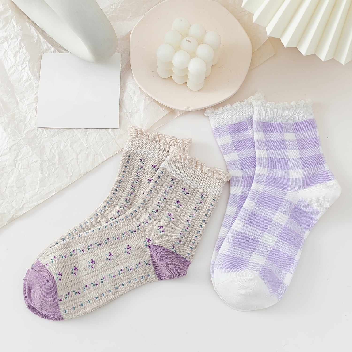 8 Pairs Floral Print Gauze Socks Retro Style Mixed Pattern Comfy Socks