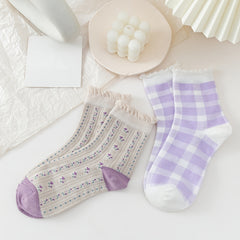 8 Pairs Floral Print Gauze Socks Retro Style Mixed Pattern Comfy Socks