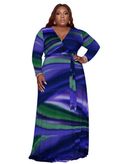 Tie Dye Maxi Dress With Belt Women's Plus Casual Long Sleeve Dress