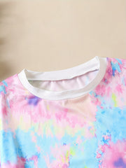 2 Pcs Girls Tie Dye Shorts Set Short Sleeve T shirt & Leggings