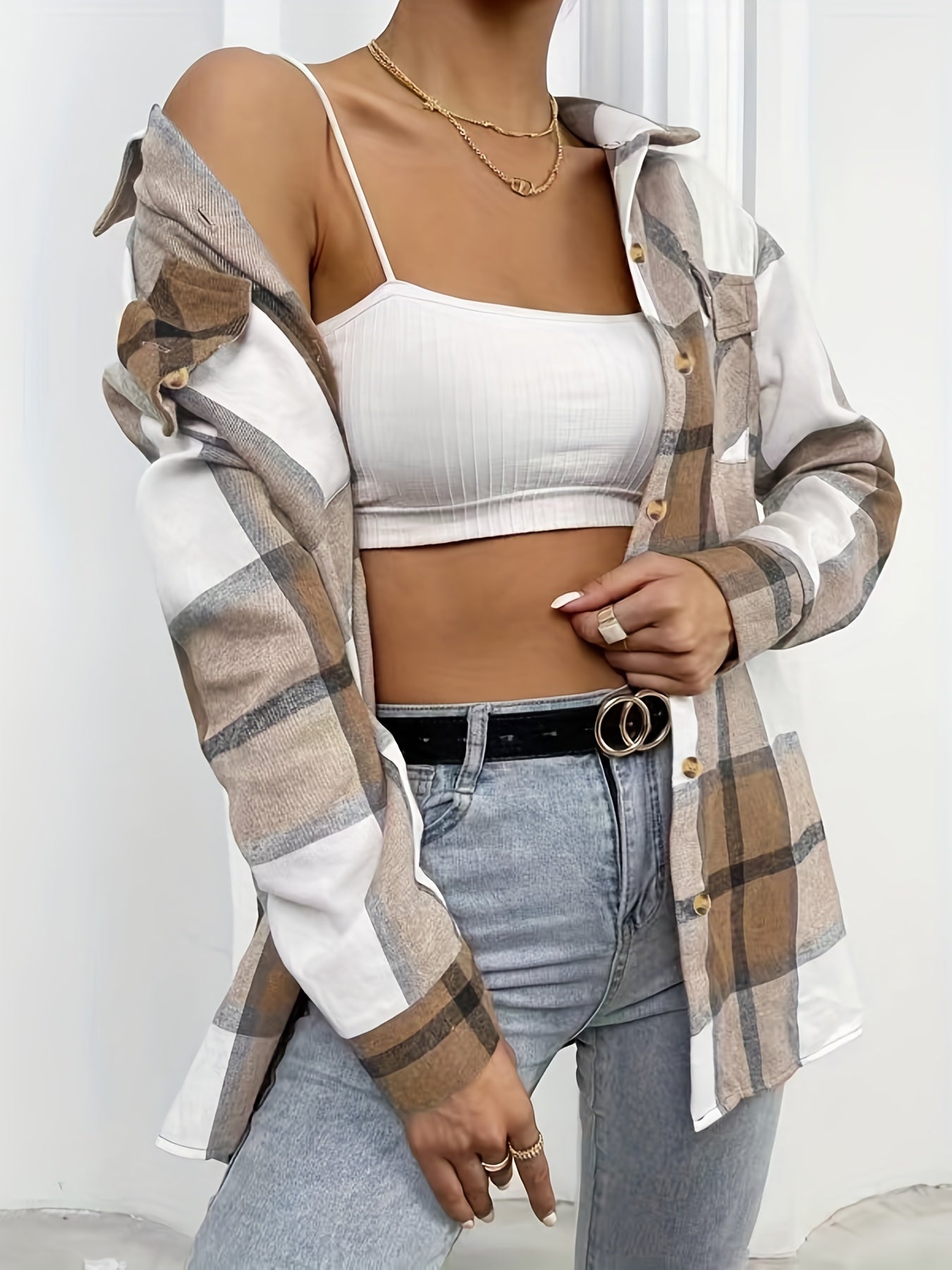 Plaid Print Shacket Jacket Button Front Long Sleeve