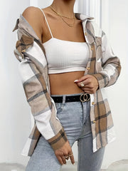 Plaid Print Shacket Jacket Button Front Long Sleeve