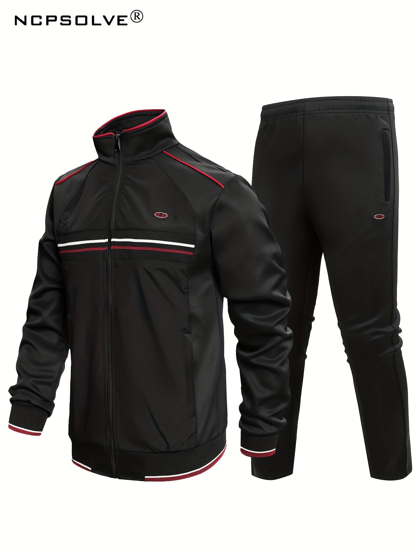 2pcs Men's Striped Stand Collar Sports Suit & Active Pants