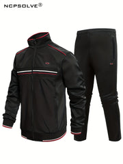 2pcs Men's Striped Stand Collar Sports Suit & Active Pants