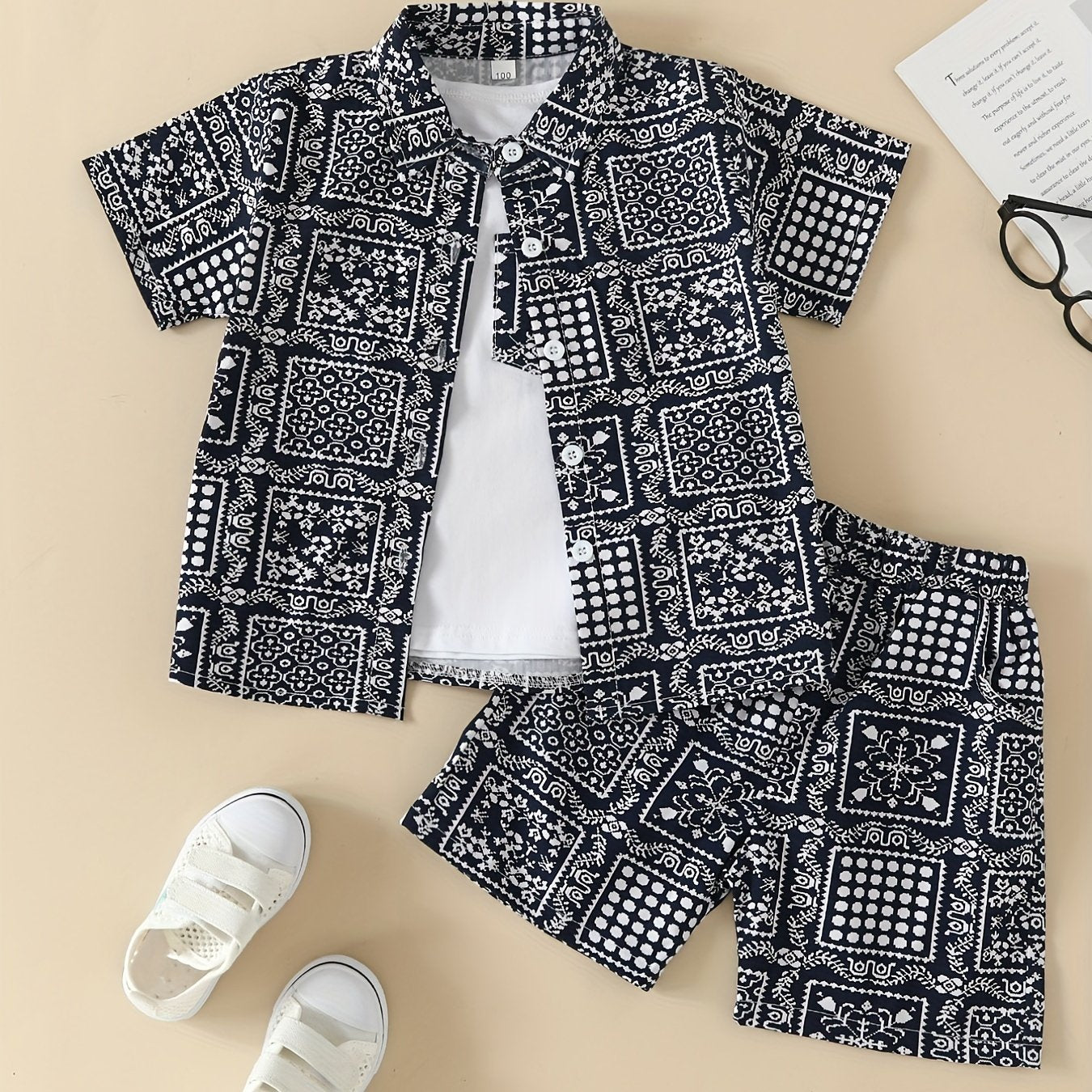 Boys Allover Print Outfit Short Sleeves Shirt & T shirt & Shorts