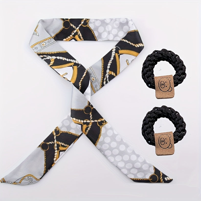 3pcs Set Skinny Scarf Hair Tie Chain Print Long Ribbon Neckerchief