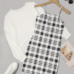 2 Piece Set Long Sleeve Top & Plaid Print Cami Dress Outfits
