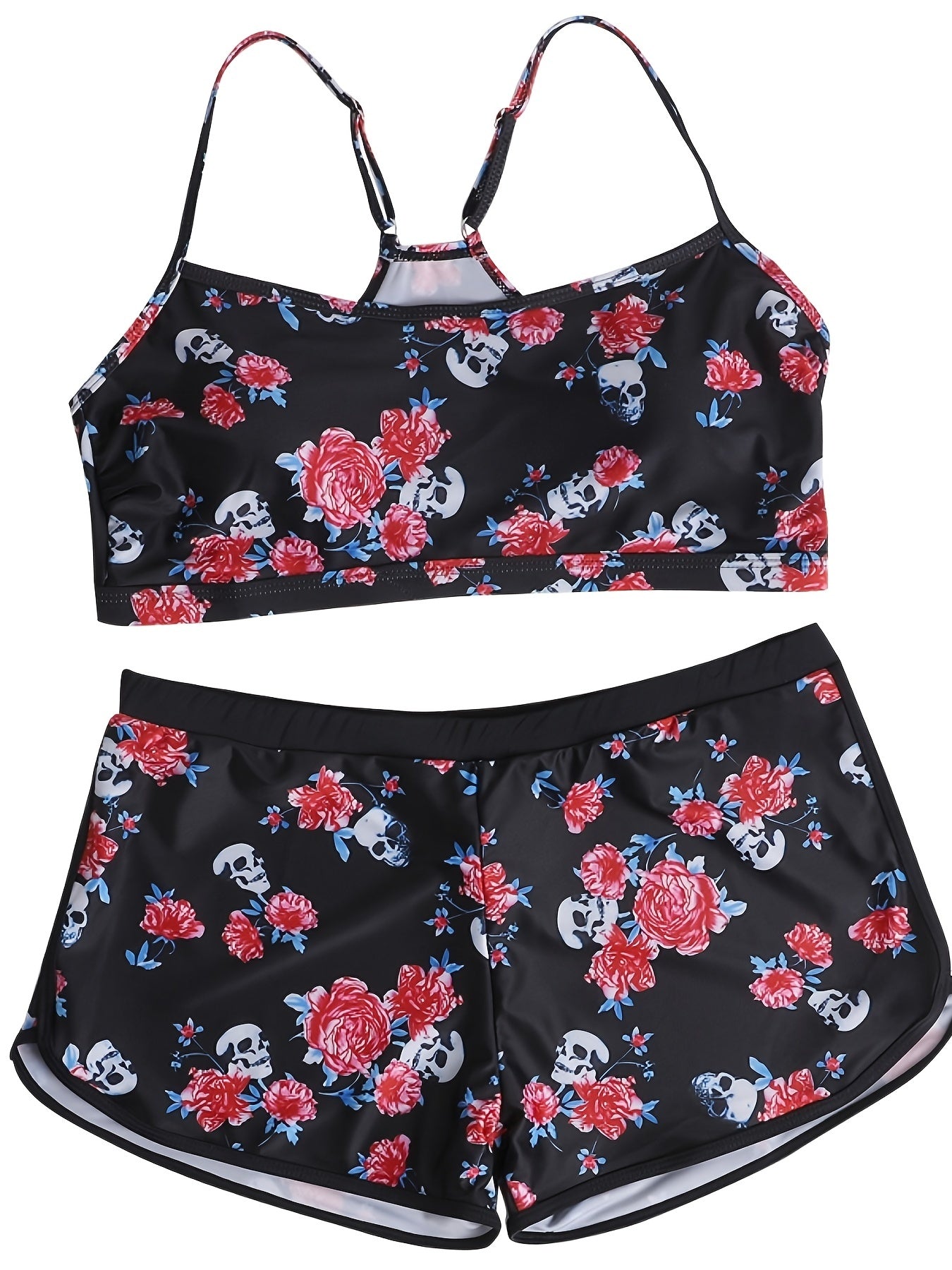 Rose & Skull Print Top & Shorts Swimsuit Set