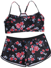 Rose & Skull Print Top & Shorts Swimsuit Set