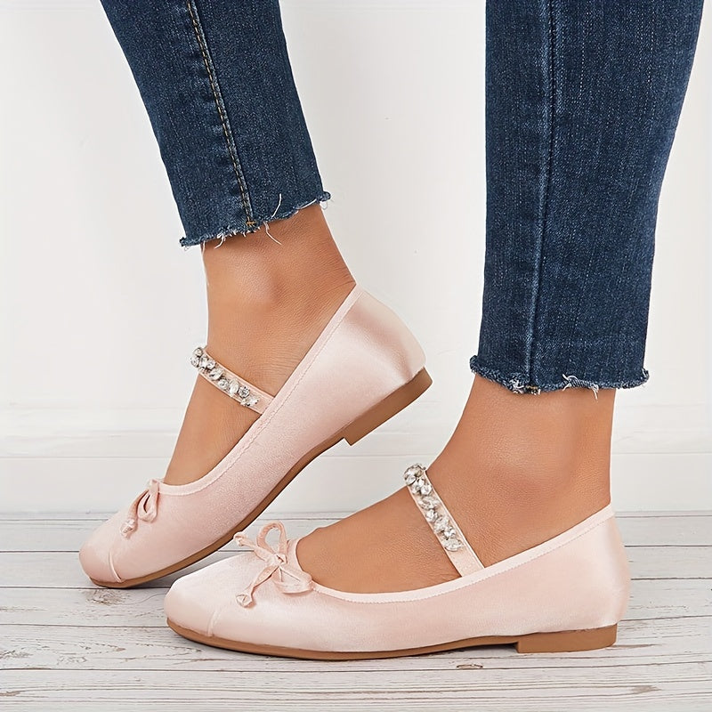Women's Bow Mary Jane Rhinestone Flats Soft Sole Slip On Satin Shoes