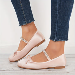 Women's Bow Mary Jane Rhinestone Flats Soft Sole Slip On Satin Shoes