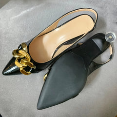 Metallic Chain Decor Mules Cone Heel Point Toe Ankle Buckle Slingback Shoes