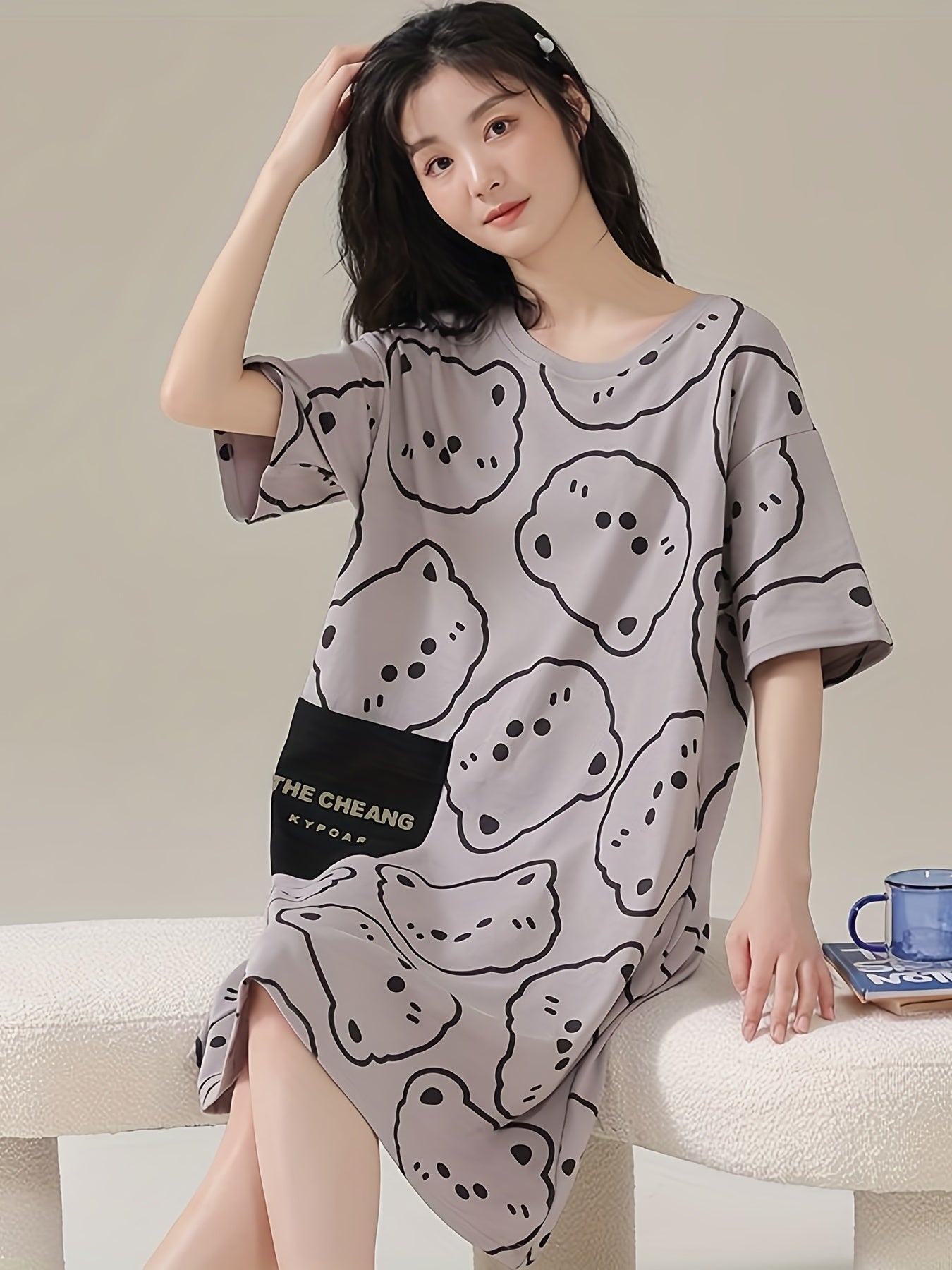 Bear Print NightDress Short Sleeve Pajama Dress Women's Sleepwear