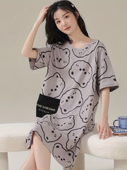 Bear Print NightDress Short Sleeve Pajama Dress Women's Sleepwear