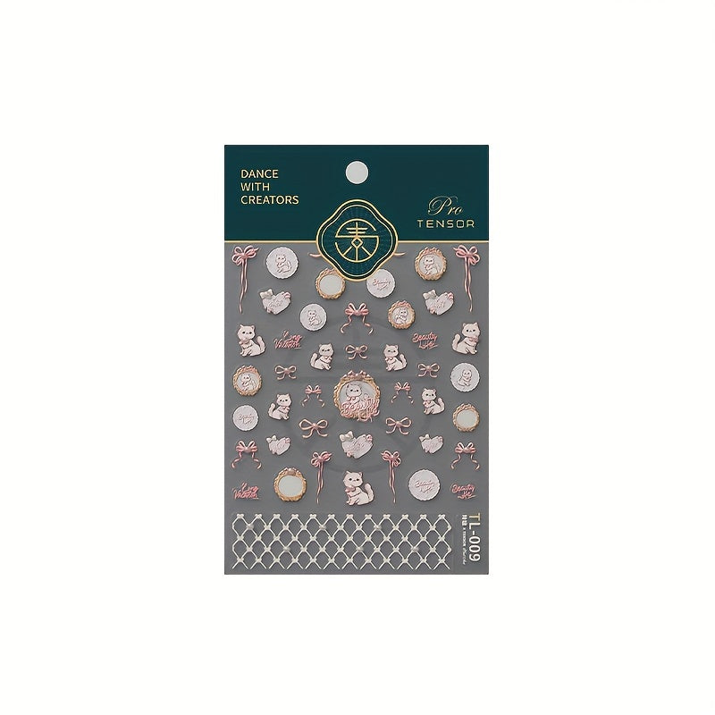 Cat Inlaid Pearl Nail Art Sticker 5D Three-dimensional Back Glue