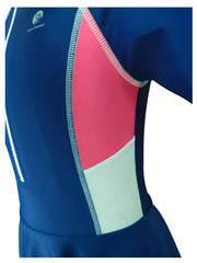 Girls Colorblock Short Sleeve 1pc Swimwear With Swim Cap