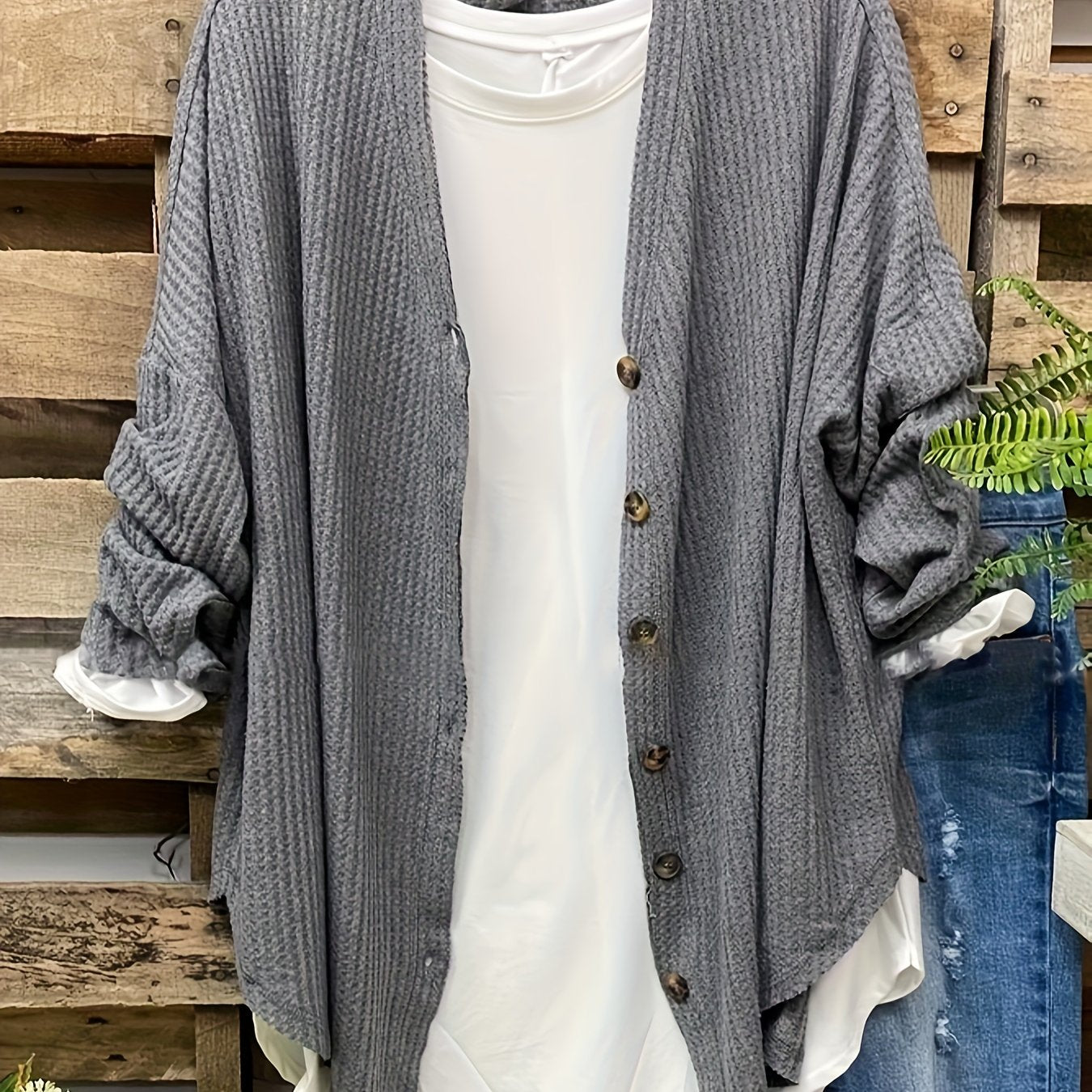 Solid Waffle Knit Long Sleeve Button Up Cardigan