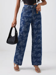 Leaf Print Straight Jeans High Waist Denim Pants