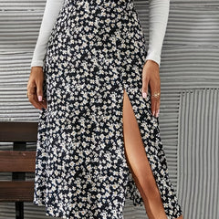 Floral Print Slit Skirt Casual High Waist Spring Summer