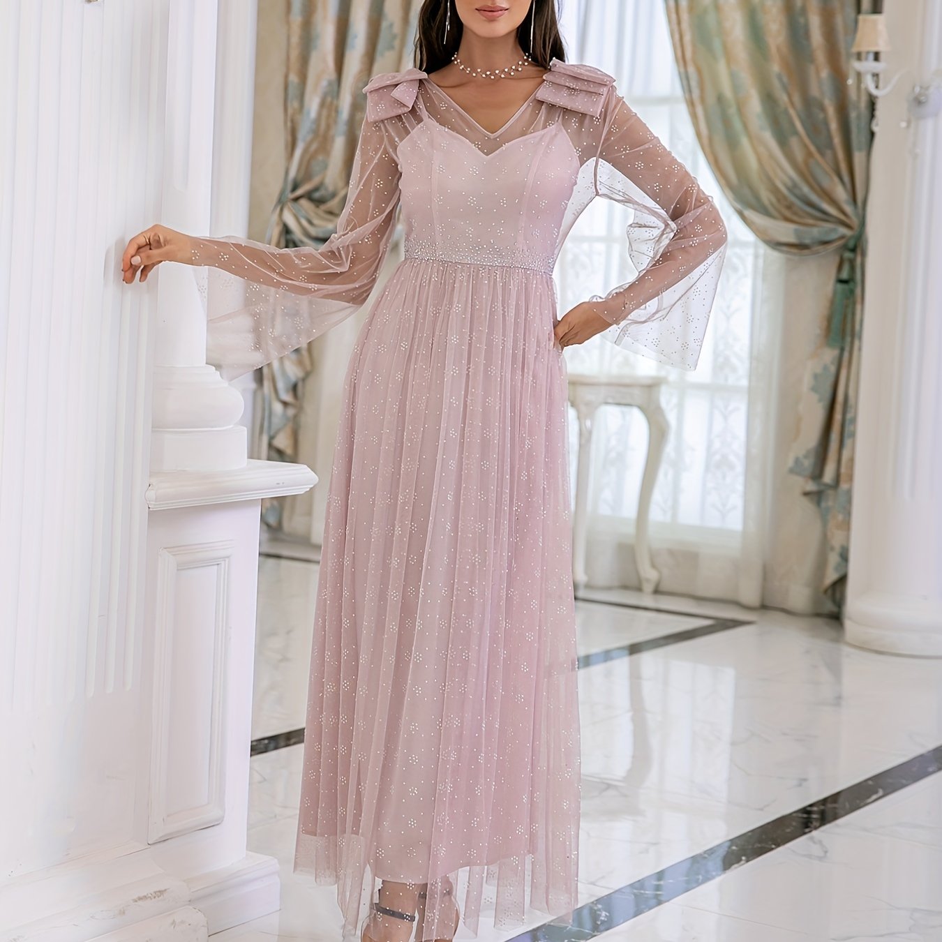 Flare Sleeve V Neck Bridesmaid Dress for Wedding Party