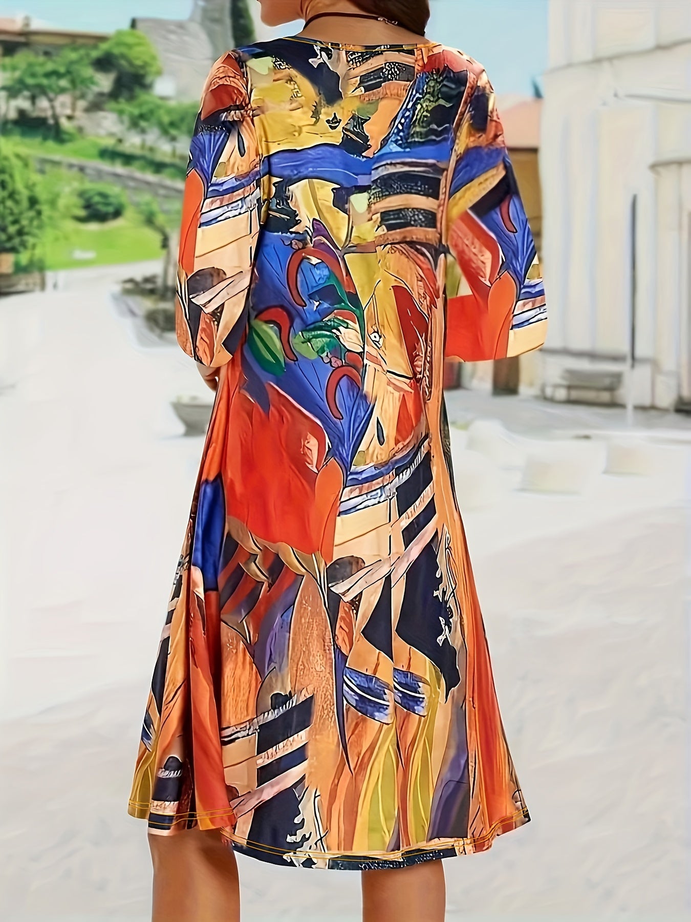 Retro Dress Women's Plus Random Print Long Sleeve V Neck