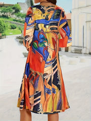 Retro Dress Women's Plus Random Print Long Sleeve V Neck
