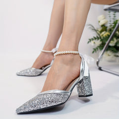 Pearl Ankle Strap Pumps Chunky Heels Glitter Summer Shoes