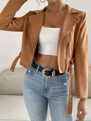 Solid Zip Up Biker Jacket Casual Lapel Long Sleeve Crop Jacket