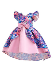 Girls Ruffled Sleeves Princess Dress Flowers Print Bow Decor
