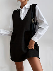 Solid Button Up Shirt & Sleeveless Sweater Dress Set
