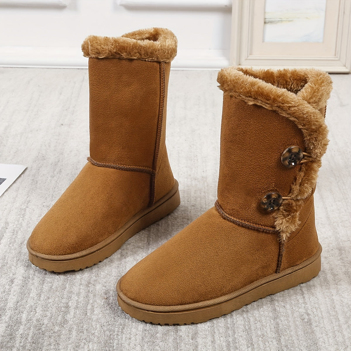Women's Plush Lined Snow Boots Thermal Button Non Slip Shoes