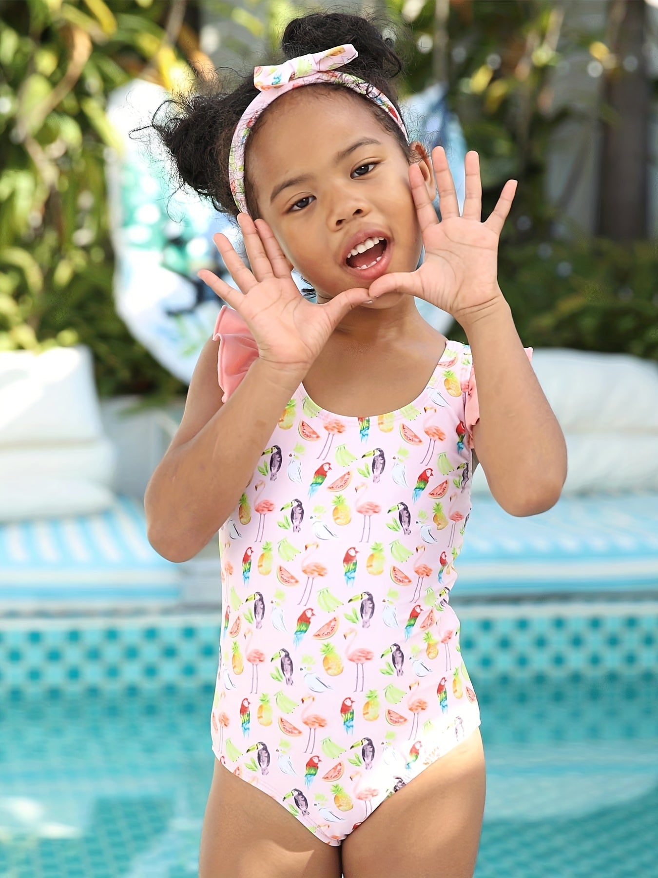 2pcs Toddler Girls Animal One Piece Swimsuit & Headband Set