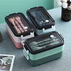 Plastic Double Layer Lunch Box with Cutlery - Microwave Safe Bento Box