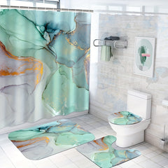 Green Marble Shower Curtain Set with Non Slip Mat and Toilet Cover