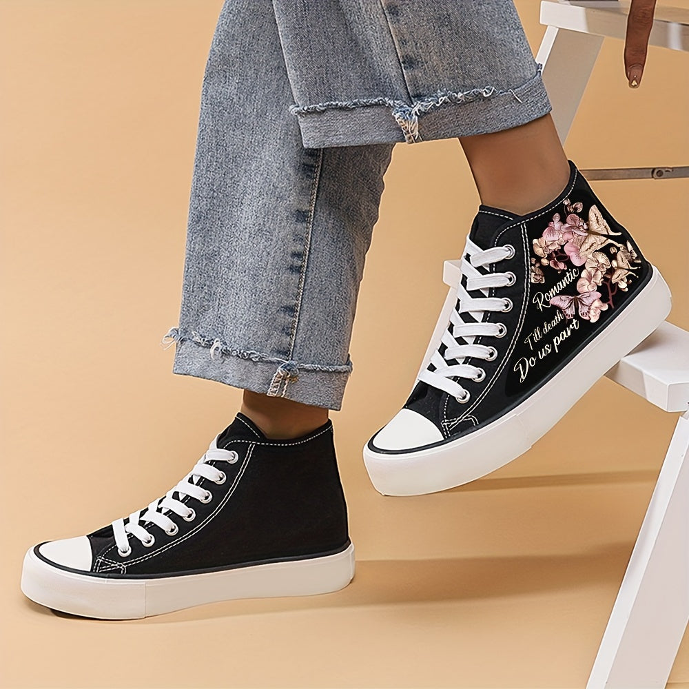 Women's Butterfly & Letter Print Canvas High Top Sneakers Lace Up Outdoor Shoes